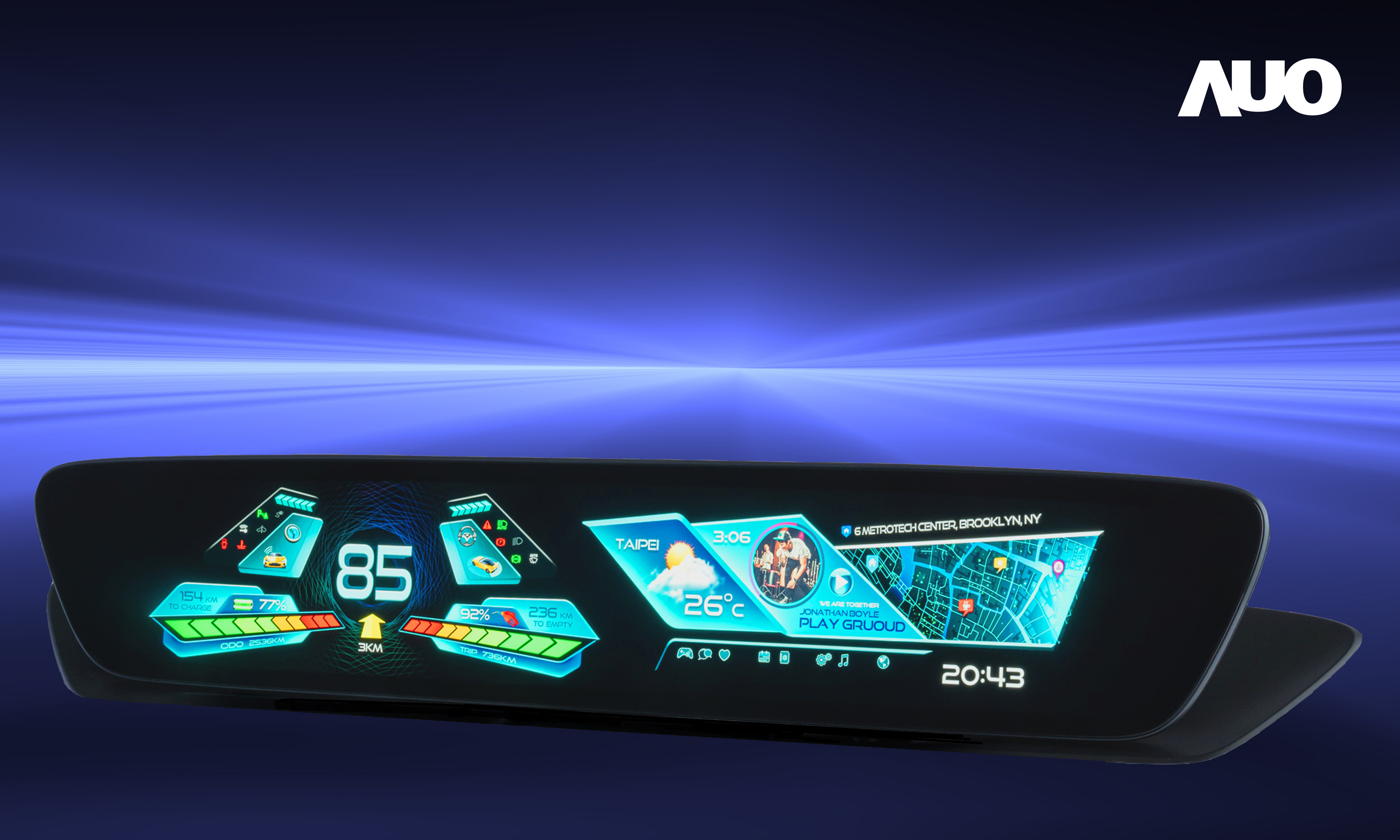 友達30.4吋異形曲面AmLED車載顯示系統，為一兼具儀表板及中控台人機介面的創新車載顯示系統，結合美學設計，提升車內科技沉浸感及使用體驗，讓車載顯示的未來應用更加多元化