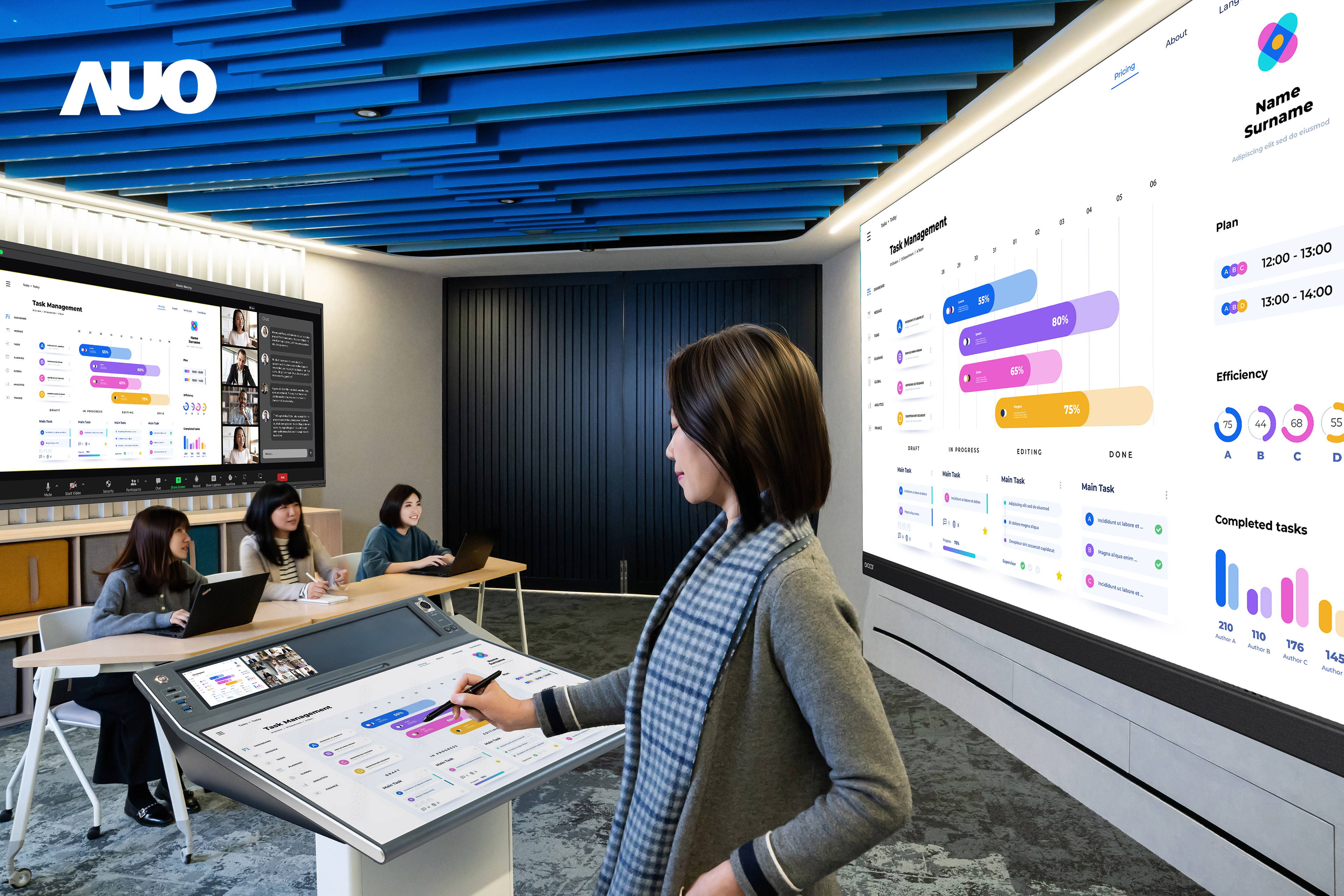 达擎携手Avocor与Rise Vision展示全方位商务领域应用，包含采用模块化设计的138吋一体式All-in-One LED显示器及具21:9超宽比例的92吋交互式电子白板（IFPD），讲者可轻松分享内容，有效提升会议协作效率。